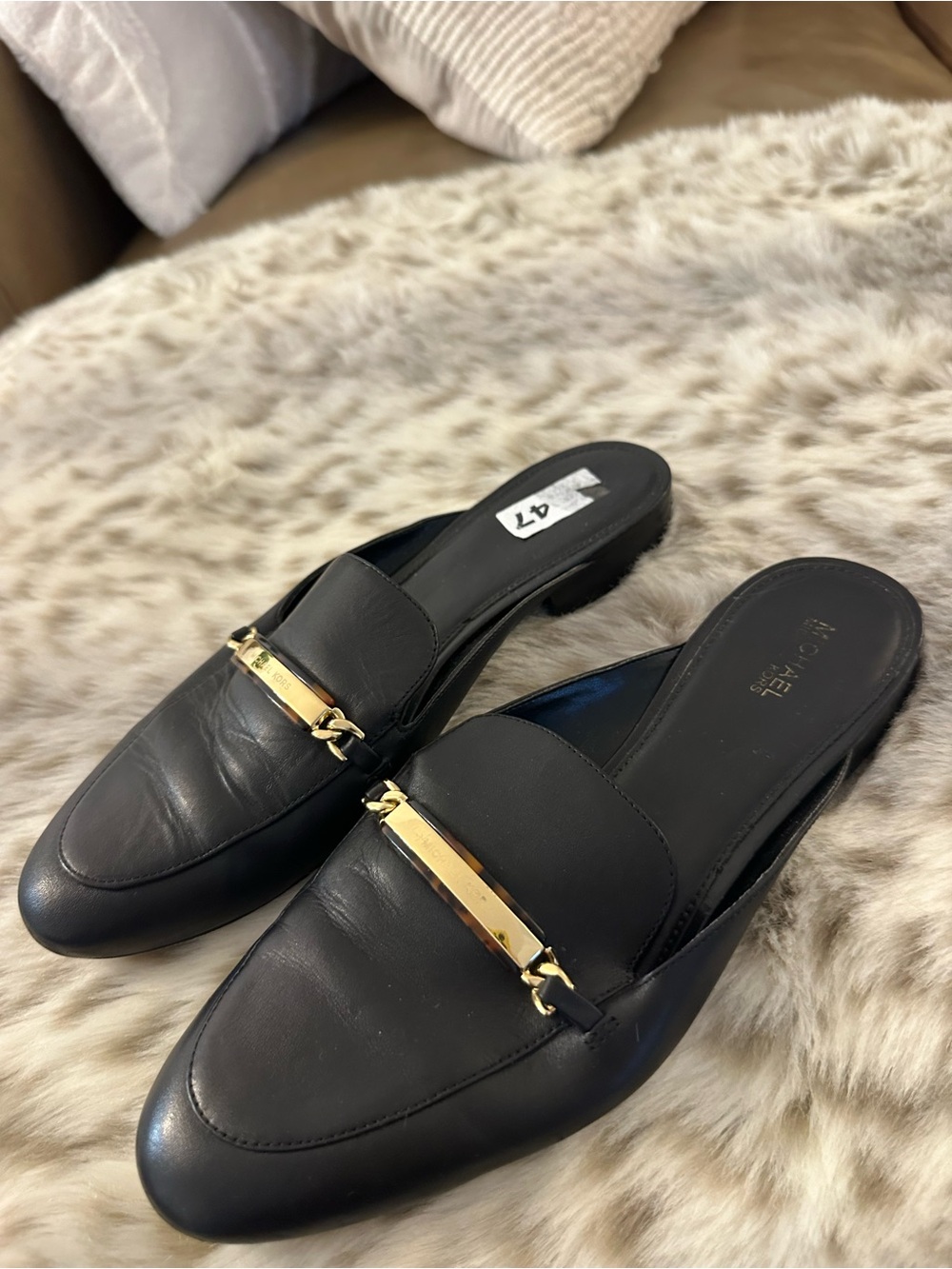 Michael Kors Black Genuine Leather Slip-On Mules with Gold-Tone Bar